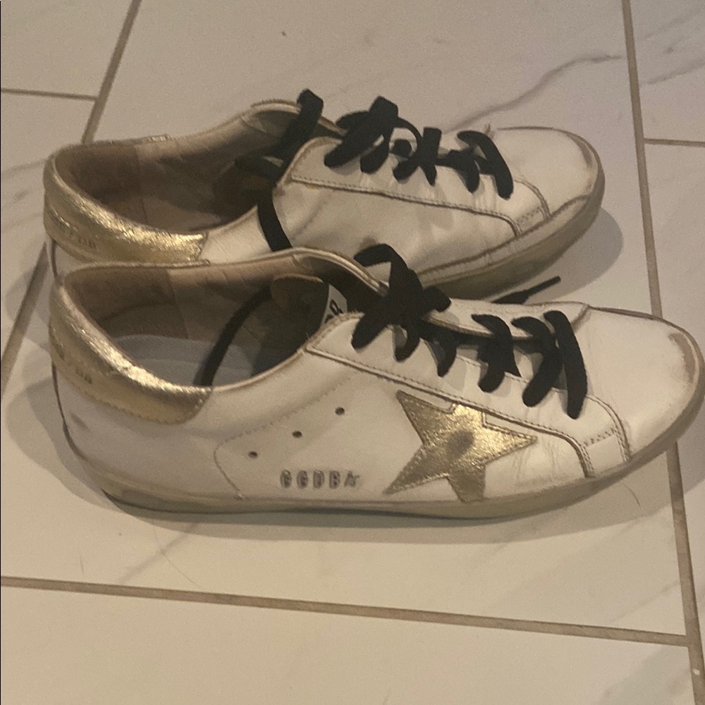 Golden Goose White and Gold Low-Top Sneakers